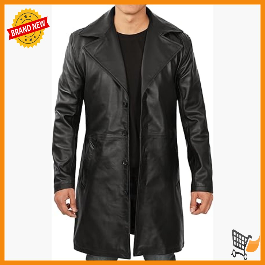 Men's Lambskin Leather Car Coat, Knee Length, Button Front, Lapel Collar
